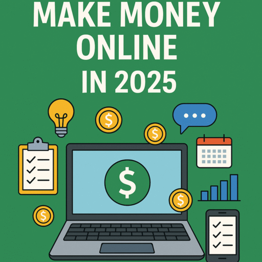 Make Money Online 2025 illustration showing laptop, dollar icons, and productivity tools