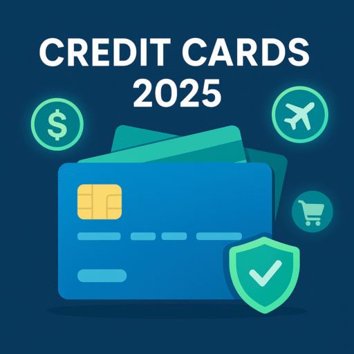 Credit Cards 2025 illustration showing modern credit cards with rewards icons and security shield