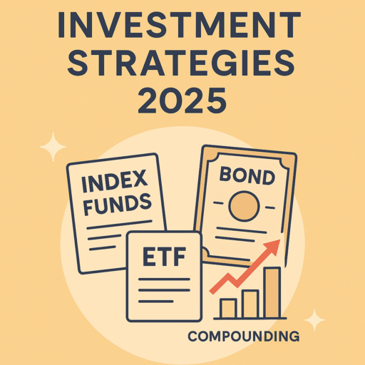 Investment Strategies 2025 flat illustration: index funds, bonds, ETFs and compounding