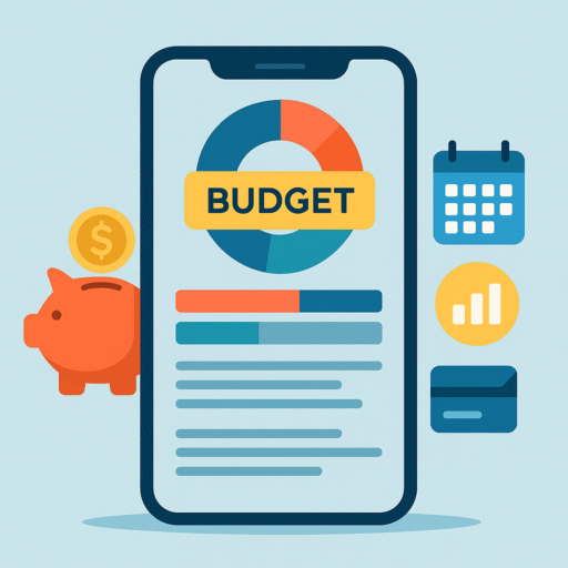 Personal Budgeting Apps 2025 illustration: smartphone with budget charts and savings icons