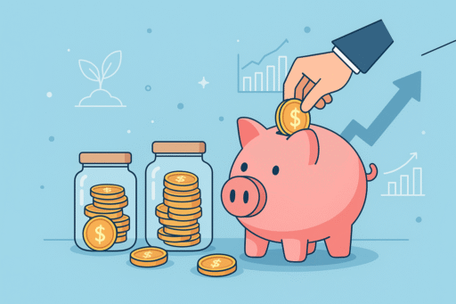 Saving Money Tips 2025 flat illustration: piggy bank, coins, savings jars, and growth charts
