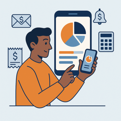 Best Expense Tracking Apps 2025 flat illustration: phone with expense charts, bills, and alerts
