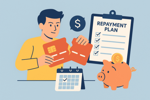 Debt Management Tips 2025 flat illustration: cutting credit card, repayment plan, and savings icons