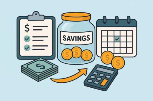 Money Management Tips 2025 flat illustration: budgets, savings jars, and automation