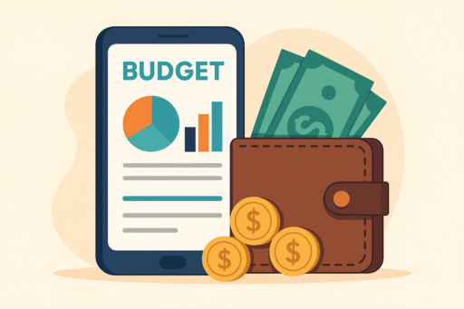 A flat illustration of a smartphone showing a budgeting app with colorful charts beside a digital wallet containing cash and coins, symbolizing personal finance management in 2025.