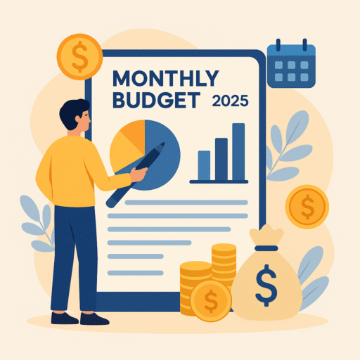 Flat illustration of a person analyzing a monthly budget for 2025 on a large digital tablet, surrounded by charts, coins, and a money bag, symbolizing financial planning.