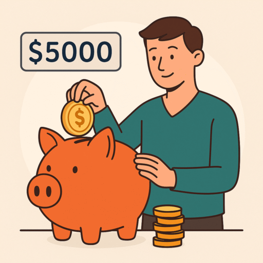 Flat illustration of a man putting a coin into a piggy bank with a $5000 counter, symbolizing saving money on a low income in 2025.