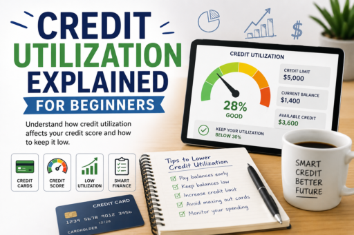Credit Utilization Explained for Beginners infographic showing credit score and credit card usage