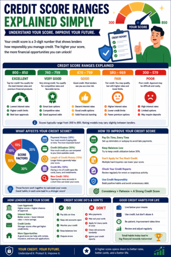 Credit Score Ranges Explained Simply infographic for beginners