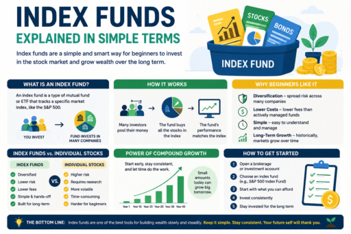Index Funds Explained in Simple Terms infographic for beginners