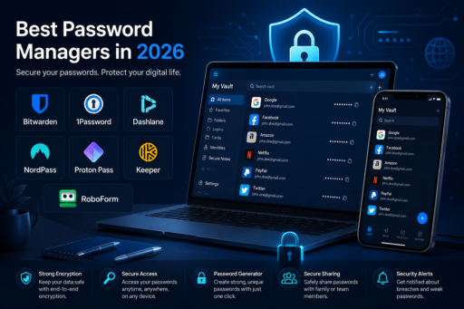 Modern password manager apps displayed on laptop and smartphone screens with secure login protection and cybersecurity visuals