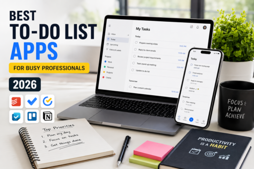 Modern productivity workspace showing to-do list apps on laptop and smartphone screens