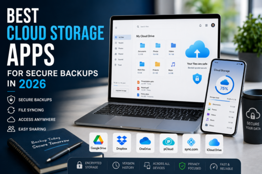 Modern cloud storage apps displayed on laptop and smartphone screens with secure backup and file syncing visuals