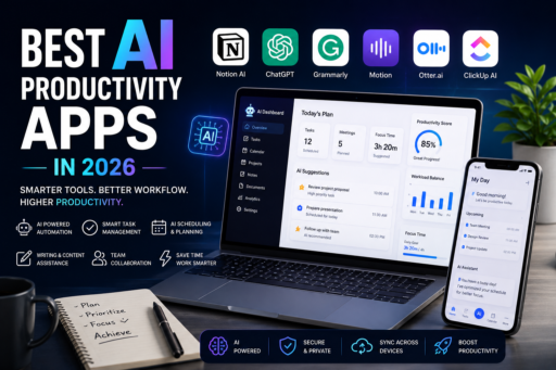 Modern AI productivity apps displayed on laptop and smartphone screens with smart workflow automation visuals