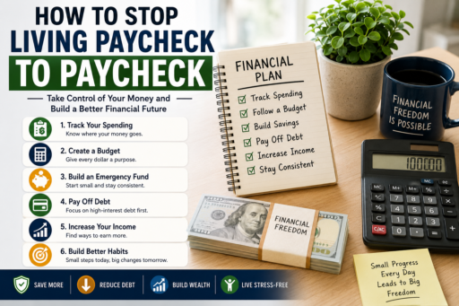 Break the Paycheck to Paycheck Cycle featuring budgeting savings debt reduction and financial planning concepts