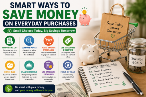 Save Money on Everyday Purchases featuring shopping discounts budgeting tools savings goals and smart spending habits