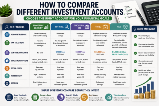 Compare Different Investment Accounts featuring brokerage accounts retirement accounts account fees and investment options