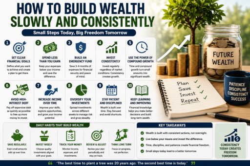 Build Wealth Slowly and Consistently showing saving money investing compound growth and long term wealth creation concepts