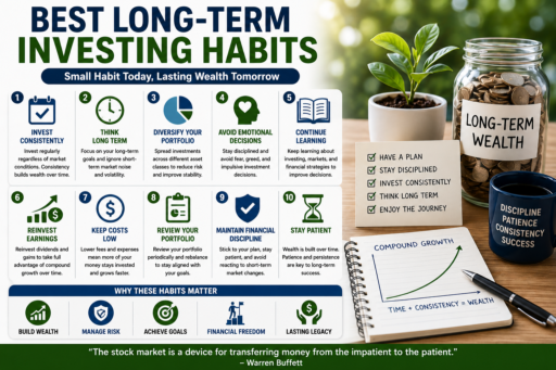 Long-Term Investing Habits showing disciplined investing diversification compound growth and long term wealth creation