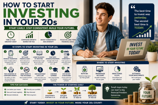 Start Investing in Your 20s showing young investor compound growth diversified investments and long term wealth building