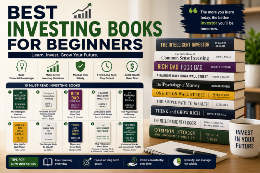 Investing Books for Beginners showing popular investing books financial education and long term wealth building concepts