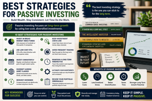 Strategies for Passive Investing showing index funds ETFs portfolio diversification and long term wealth building