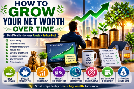Grow Your Net Worth Over Time showing wealth growth investing compound interest savings and financial planning concepts