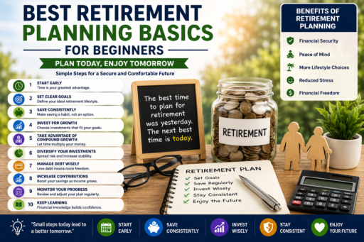 Retirement Planning Basics for Beginners showing retirement savings investing financial planning and long term wealth building