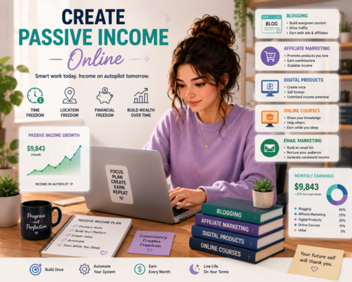 Create Passive Income Online through blogging, affiliate marketing, digital products, and online business