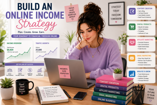 Build an Online Income Strategy through content creation, digital products, and online business growth