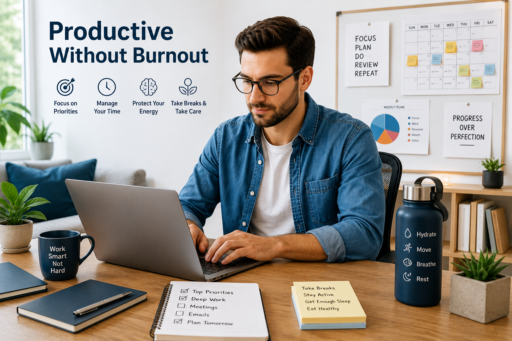 How to Increase Productivity Without Burnout using healthy work habits, time management, and stress reduction strategies