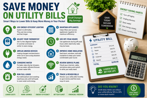 Save Money on Utility Bills featuring energy-saving appliances efficient lighting water conservation and household budgeting concepts
