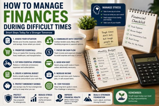 Manage Finances During Difficult Times featuring budgeting plans emergency savings debt management and financial recovery concepts