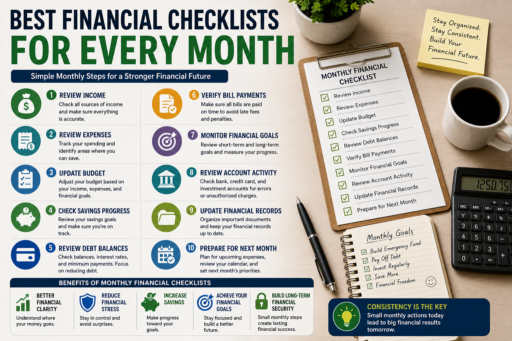 Financial Checklists for Every Month showing monthly budgeting tasks savings tracking debt reviews and financial planning activities