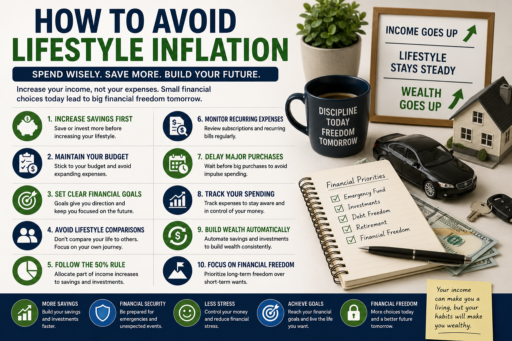 Prevent Lifestyle Inflation featuring budgeting plans savings goals investments financial freedom and smart spending concepts