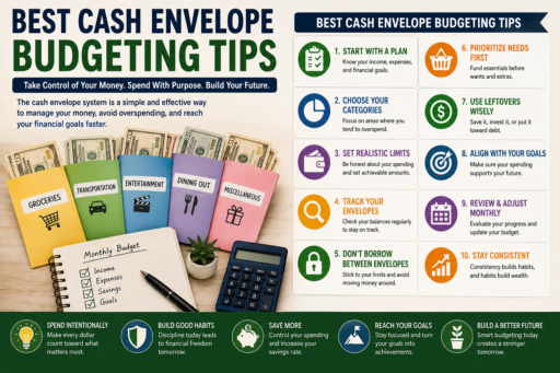 Cash Envelope Budgeting Tips featuring cash envelopes budgeting categories savings goals and spending control methods