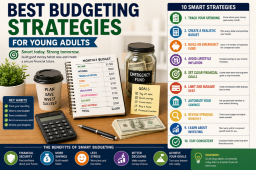 Budgeting Strategies for Young Adults featuring monthly budgets emergency funds savings goals and financial planning concepts