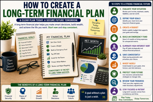 Create a Long-Term Financial Plan featuring budgeting savings investing wealth building and financial goal planning concepts