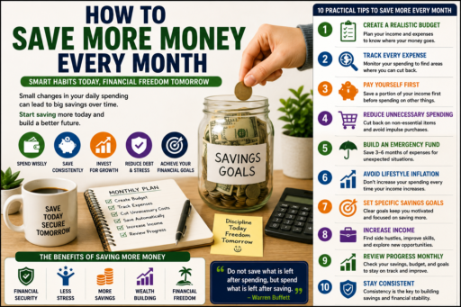 Save More Money Every Month featuring savings goals budgeting plans emergency funds and wealth building concepts