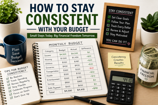 Stay Consistent With Your Budget featuring monthly budgeting plans financial goals expense tracking and money management concepts