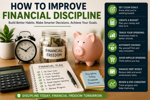 Improve Financial Discipline featuring budgeting plans savings goals debt reduction and financial freedom concepts