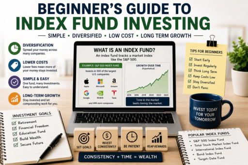 Index Fund Investing for Beginners showing diversified investments long-term growth passive investing and wealth building concepts
