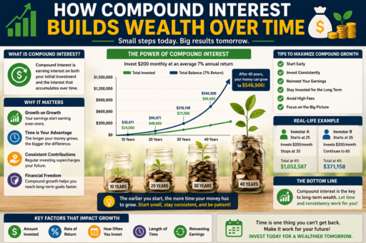 Compound Interest Builds Wealth showing investment growth compounding returns long term investing and wealth accumulation concepts