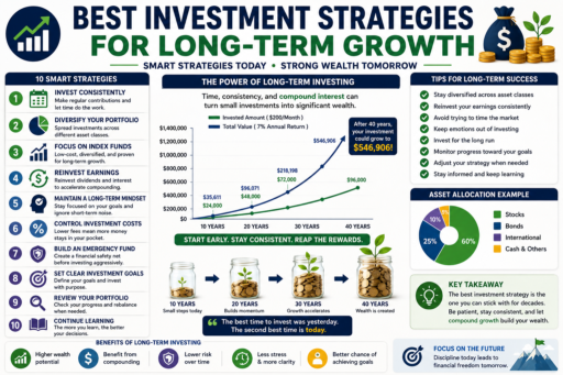 Investment Strategies for Long-Term Growth showing portfolio diversification compound growth investing discipline and wealth building concepts