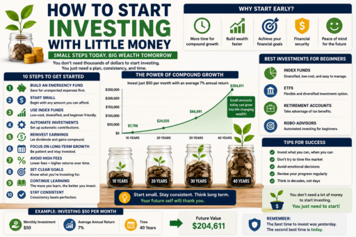 Start Investing With Little Money showing beginner investing compound growth index funds and wealth building concepts