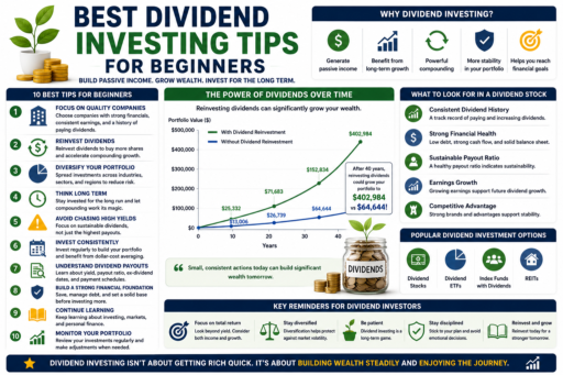 Dividend Investing Tips for Beginners showing dividend income passive investing dividend growth and portfolio building concepts