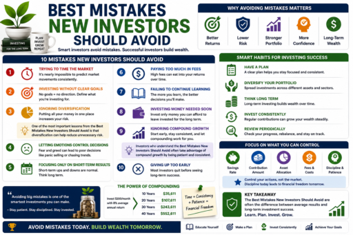 Mistakes New Investors Should Avoid showing investing discipline diversification compound growth and financial planning concepts